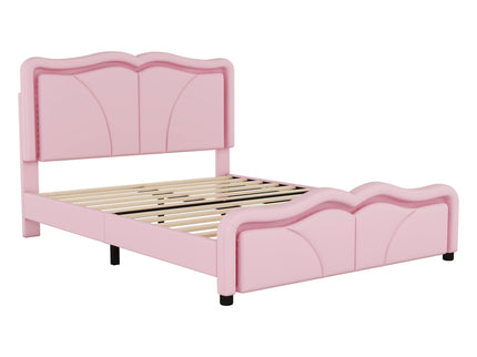 Upholstered Platform Bed & Curve Shaped And Height Adjustable Headboard, LED Light Strips