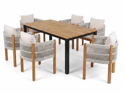 7 Piece Outdoor Dining Set With Table And 6 Chairs - Beige / Teak / White
