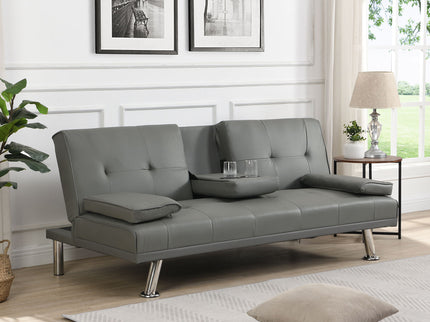 Sofa Bed With Armrest Two Holders Wood Frame, Stainless Leg Futon - Gray