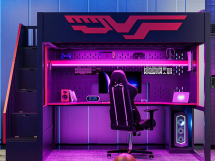 Full Gaming Loft Bed With Desk And Storage Staircase, LED Lights And USB - Red / Black