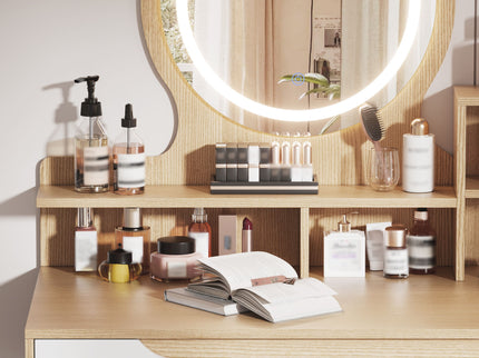 Elegant Makeup Vanity Desk With Adjustable Lighted Mirror Table Feet - American White Oak