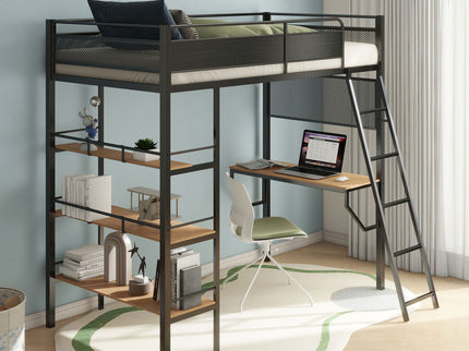 William - Twin Loft Bed 3 Shelf With Built In Desk - Matte Black
