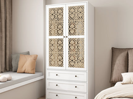 Hollow Pattern 2 Door 3 Drawer Wardrobe, The Collision Of Wood Color, Suitable For Bedrooms And Dressing Rooms - White