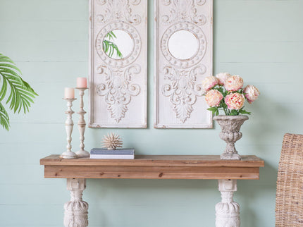 Large Wooden Wall Art Panels With Distressed Round Mirror Accents (Set of 2) - White