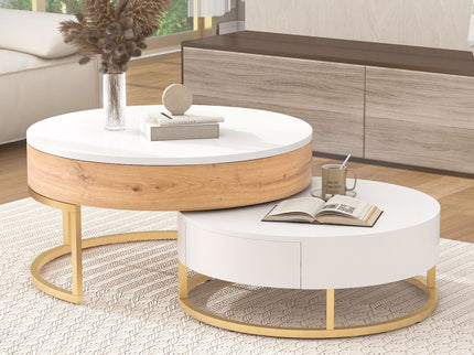 Modern Round Lift-Top Nesting Coffee Tables With 2 Drawers