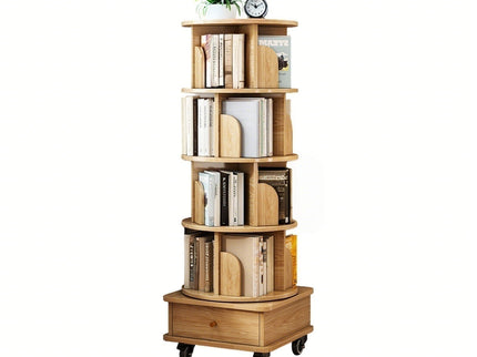Rotating Bookshelf With Wheels And Drawer, 360° Spinning Design, Space Saving Storage