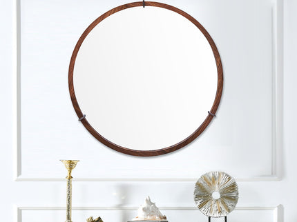 Hausen - Mid-Century Modern Round Accent Wall Mirror - Brown Walnut