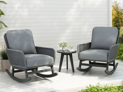 Modern 3 Piece Outdoor Seating Set With Cushioned Rattan Rocking Chairs And Wooden Accent Table