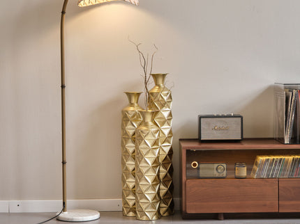 Metal Decorative Vase High Distress Metal Center Vase With 3D Triangle Pattern, (Set of 3) Vases For Home Decoration - Gold