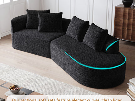 Upholstered Oversized Sectional Sofa, 4 Seater Extra Deep & Wide Curved Cloud Couch With 4 Throw Pillows For Living Room - Black