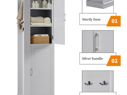 Tall Freestanding Bathroom Storage Cabinet With Adjustable Shelves And Side Hooks