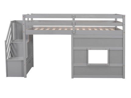 Loft Bed With Storage Staircase, Window & LED Light