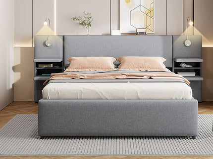 Upholstered Platform Bed With Reading Lights, Drawers, Trundle And Shelves