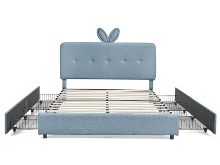 Upholstered Bed With Oversized Rabbit Ear Headboard, LED Lights & 4 Storage Drawers