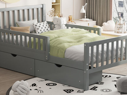 Platform Bed With Guardrails On Both Sides And 2 Storage Drawers