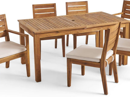 Outdoor 6 Seater Expandable Dining Set With Cushions - Sandblasted Natural / Beige