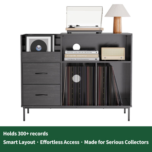 Eco-Friendly Vinyl Record Player Stand With Flip-Top Storage, Media Console With Dual Outlets And Dustproof Drawers