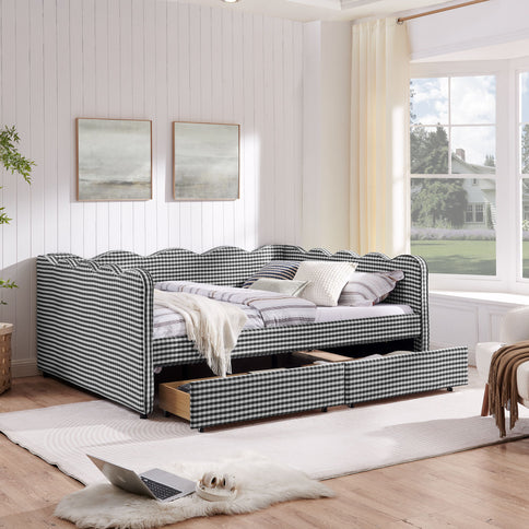 Gingham Daybed With USB Charging Port, Wave-Shaped Design