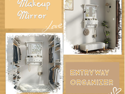 Floating Makeup Vanity With Big Mirror, Wall Mounted Storage Vanity With Drawers, Pockets & Hooks, Space Saving Decorative Home Organizer - White