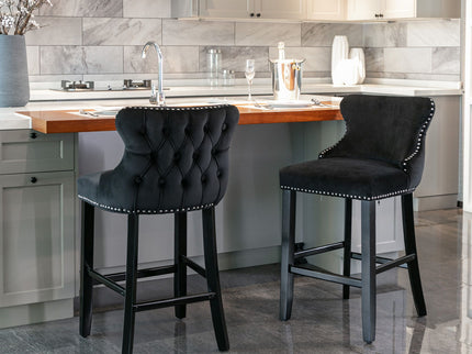 Contemporary Upholstered Wing-Back Barstools With Button Tufted Decoration And Wooden Legs, And Nailhead Trim, Leisure Style Bar Chairs, Bar Stools (Set of 2)