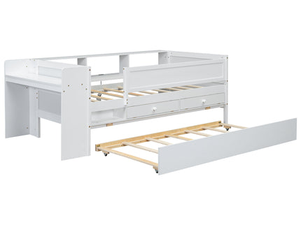 Twin Daybed With Drawers, Trundle, Headboard Storage, Study Desk, And USB Charging Station - White
