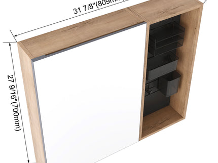 Wall Mounted Bathroom Mirror Cabinet & Adjustable Shelves - Imitative Oak