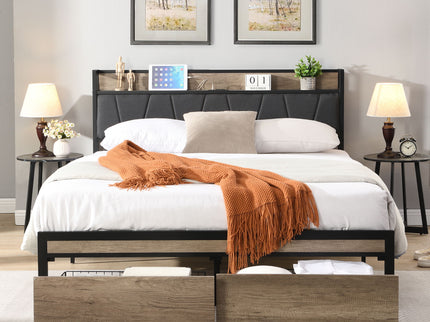 Modern Bed Frame With LED Lights, Upholstered Headboard, USB Charging