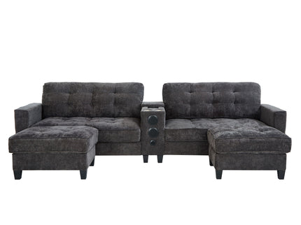 Modern Sectional Sofa U-Shaped With Movable Ottomans, tooth Speakers, LED Lights And Modular Storage