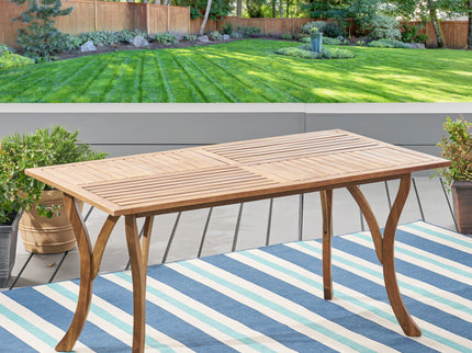 Outdoor Rectangular Table With Curved Legs And Perpendicular Wooden Slats Table Top