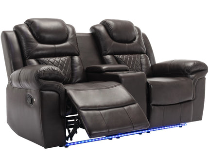 3 Pieces Recliner Sofa Sets Home Theater Seating Manual Recliner Chair & Center Console And LED Light Strip For Living Room - Brown