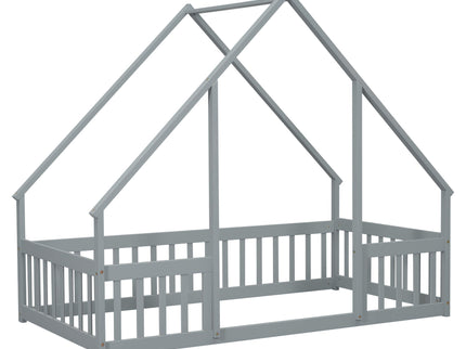 Wood House-Shaped Floor Bed With Fence, Guardrails