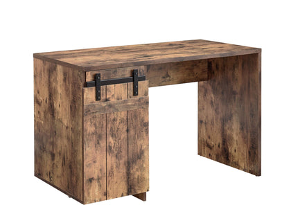 Home Office Desk One Cabinet Three Shelves Faux Barn Door On Metal Euro Hinges Modesty Panel - Distressed Wood