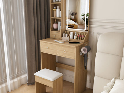 Small Vanity Desk With 3 LED Lighting Modes, 3 Drawers, Hair Dryer Holder, Power Socket, And Dressing Chair - Natural Walnut