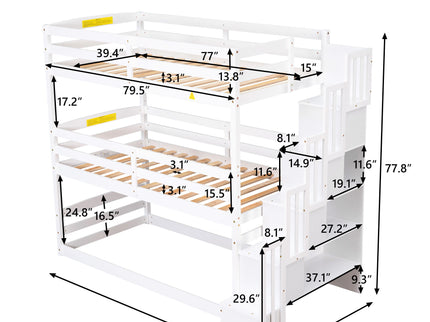 Twin Size Triple Bunk Bed With Storage Staircase, Separate Design - White
