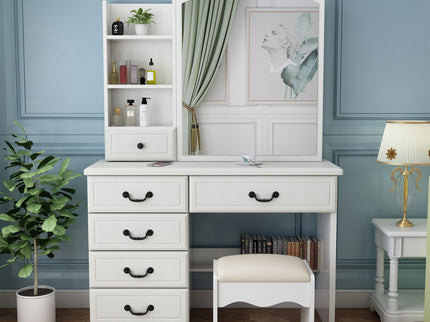 Fashion Vanity Desk With Mirror And Adjustable Lighting, 6 Drawers, 3 Color Light Modes - White