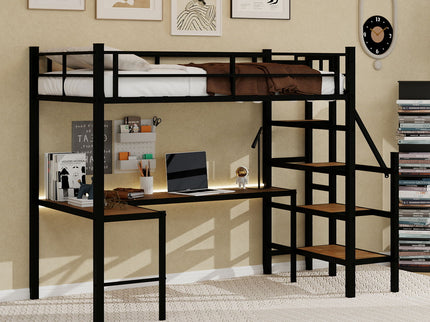 Loft Bed & L-Shaped Desk, Large Storage Space