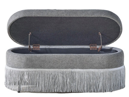 Oval Upholstered Storage Ottoman With Fringe Trim & Lift Top Lid