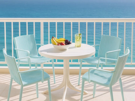 4 Modern Stackable Plastic Armchair Matched With Round Table