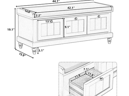 Shoe Bench With Cushion And 3 Drawers - Natural