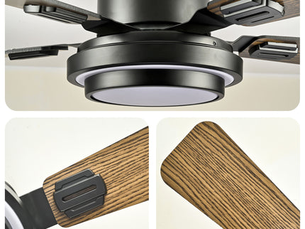 5 Blades Ceiling Fan With LED Light 3000 - 6500K Dimmable, 6 Speed Levels, Reversible Ceiling Fan - Matte Black