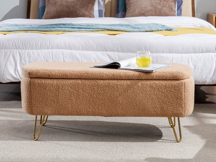 Storage Ottoman Bench For End Of Bed Legs, Modern Camel Faux Fur Entryway Bench Upholstered Padded With Storage For Living Room Bedroom