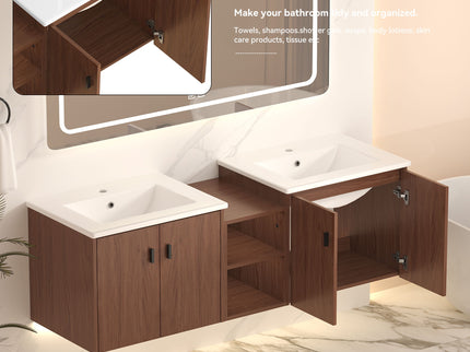 Soft Close Doors Bathroom Vanity With Small Storage Shelves, 24" And 12" Combination Cabinet - Reddish Brown