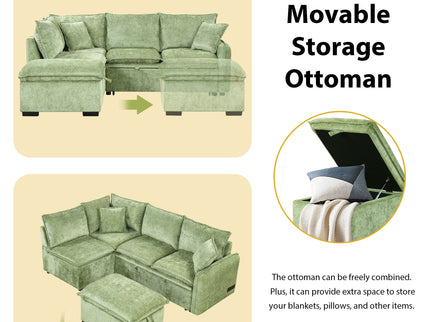 Convertible Sofa Bed Sectional Sofa Sleeper L-Shaped Sofa With A Storage Ottoman, Two Pillows, Two Power Sockets And Two USB Ports For Living Room