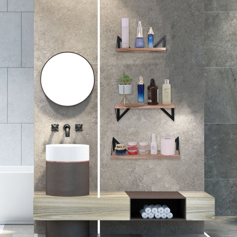 Floating Shelves, Long Wall Shelves (Set of 3), Wall Mounted Shelves With Brackets For Bedroom - Natural Wood