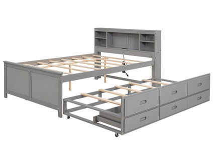 Platform Bed With Storage Headboard, USB, Trundle And 3 Drawers