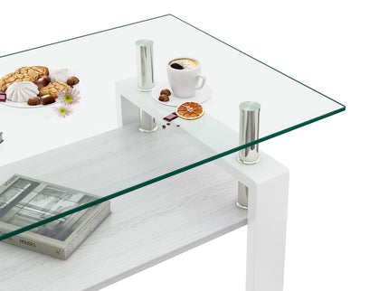 Modern Rectangular Coffee Table With Tempered Transparent Glass Top And Storage Shelf