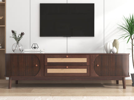 TV Stand For TVs Up To 75'', Cabinet With Drawers And Sliding Doors, Living Room Entertainment Console - Natural Wood / Brown