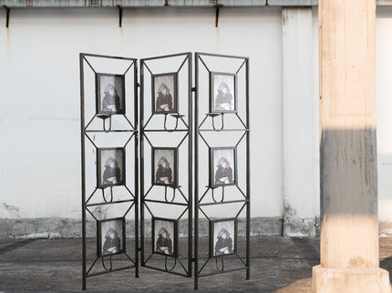 Room Photo Frames Screen Divider Screens, 3 Panel Decorative Screen With Photo Frames, Antique Mirror, Candle Stick - Black