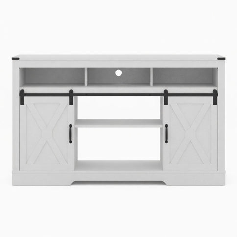 Farmhouse TV Stand With Sliding Barn Doors & Adjustable Storage