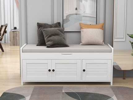 Storage Bench With 3 Shutter-Shaped Doors, Shoe Bench With Removable Cushion And Hidden Storage Space